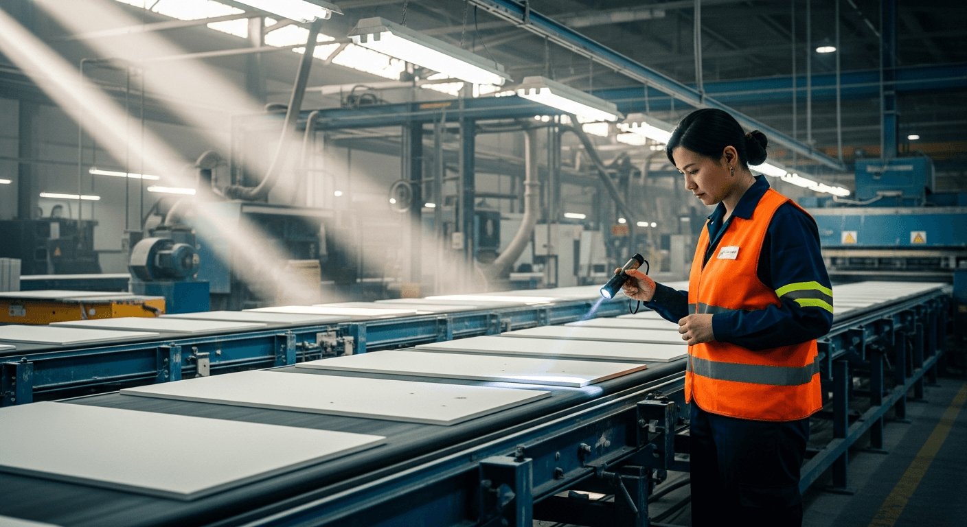 Quality control specialist inspecting large-format porcelain slabs in the manufacturing facility